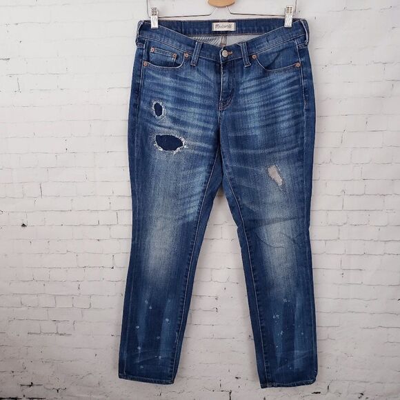 Madewell Slim Boyjean Size 27 Patches Distressed Dark Wash Denim Cotton Blend - Picture 1 of 9